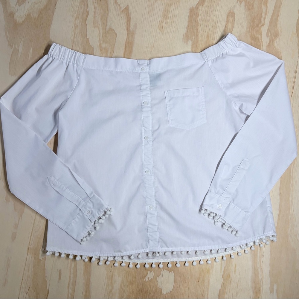Lumière White Off Shoulder Blouse Pom Trim Boho Top Size L